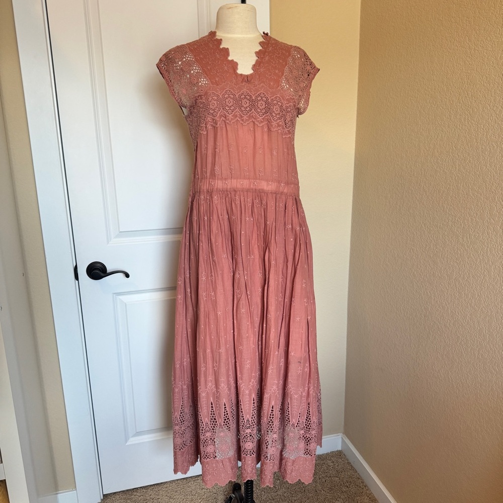 Ulla Johnson Pink lace cotton Pleated Midi Dress